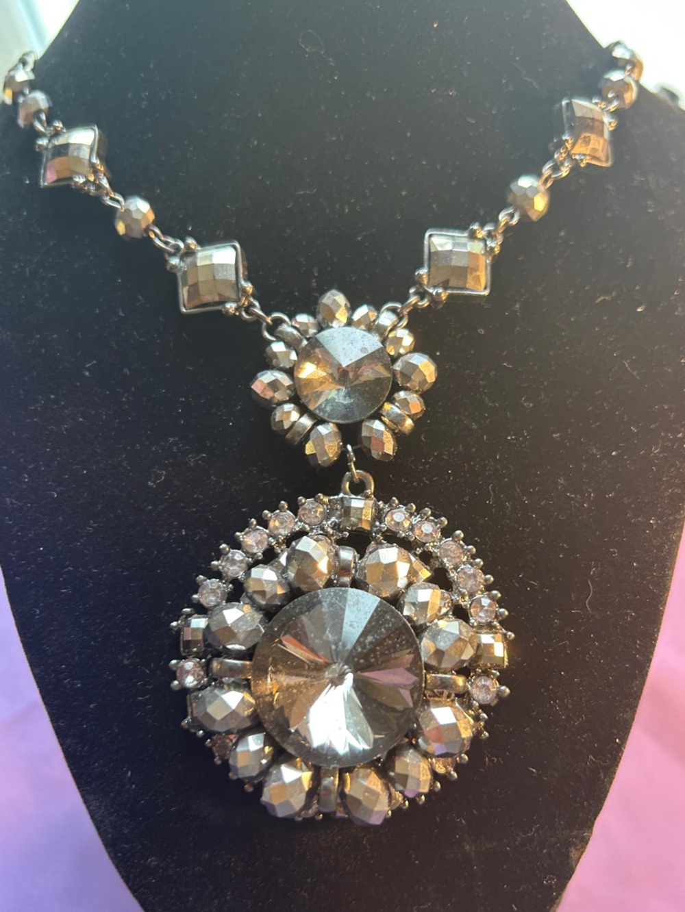 Gunmetal Crystal Pendant Necklace